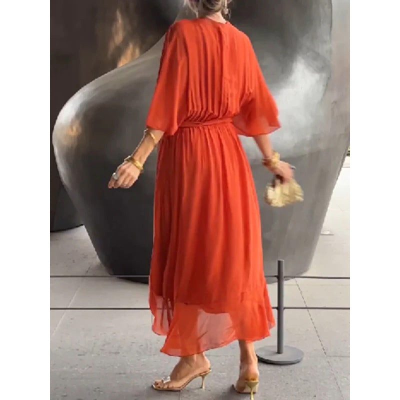 Chiffon Deep V-Neck Flutter Sleeve Tie Waist Wrap Midi Dress