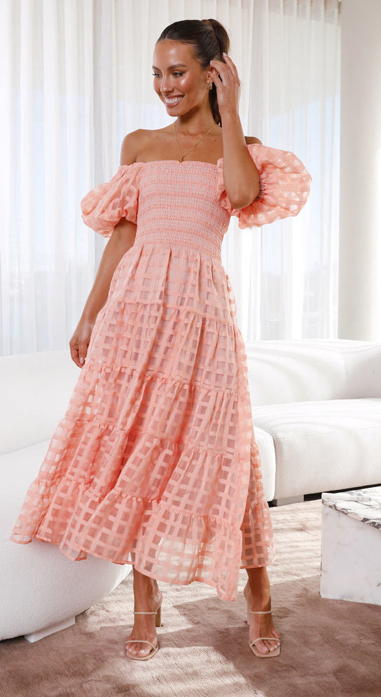 One Neck Lantern Sleeve Layer Stitching Dress