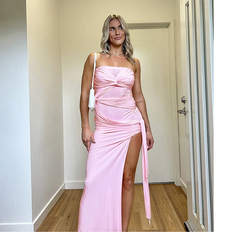 Strapless Twisted Knot Ruched Mesh Panel Draped Side Slit Maxi Dress