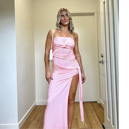 Strapless Twisted Knot Ruched Mesh Panel Draped Side Slit Maxi Dress