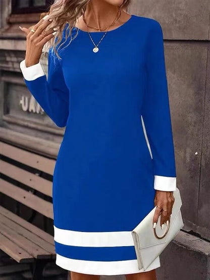 Contrast Cuff Color Block Crew Neck Long Sleeve Bodycon Mini Dress