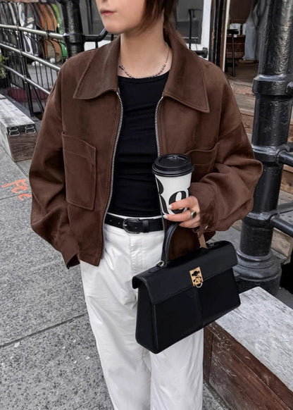Cropped Brown Jacket – Zip Front Faux Suede Outerwear