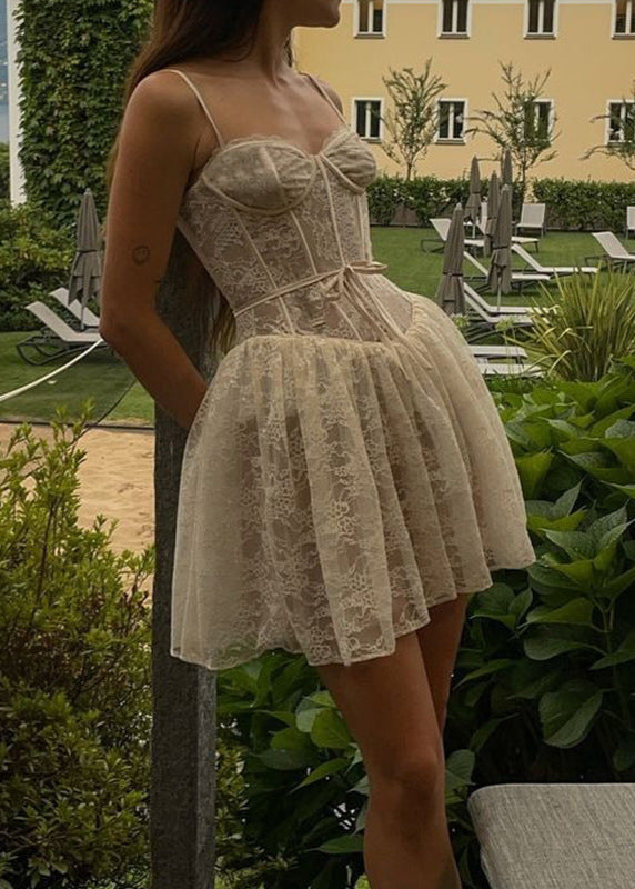 Floral Lace Corset Bustier Spaghetti Strap Bow Waist Flared Skater Mini Dress