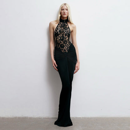 Floral Lace Halter High Neck Cutout Panel Ruched Column Maxi Dress