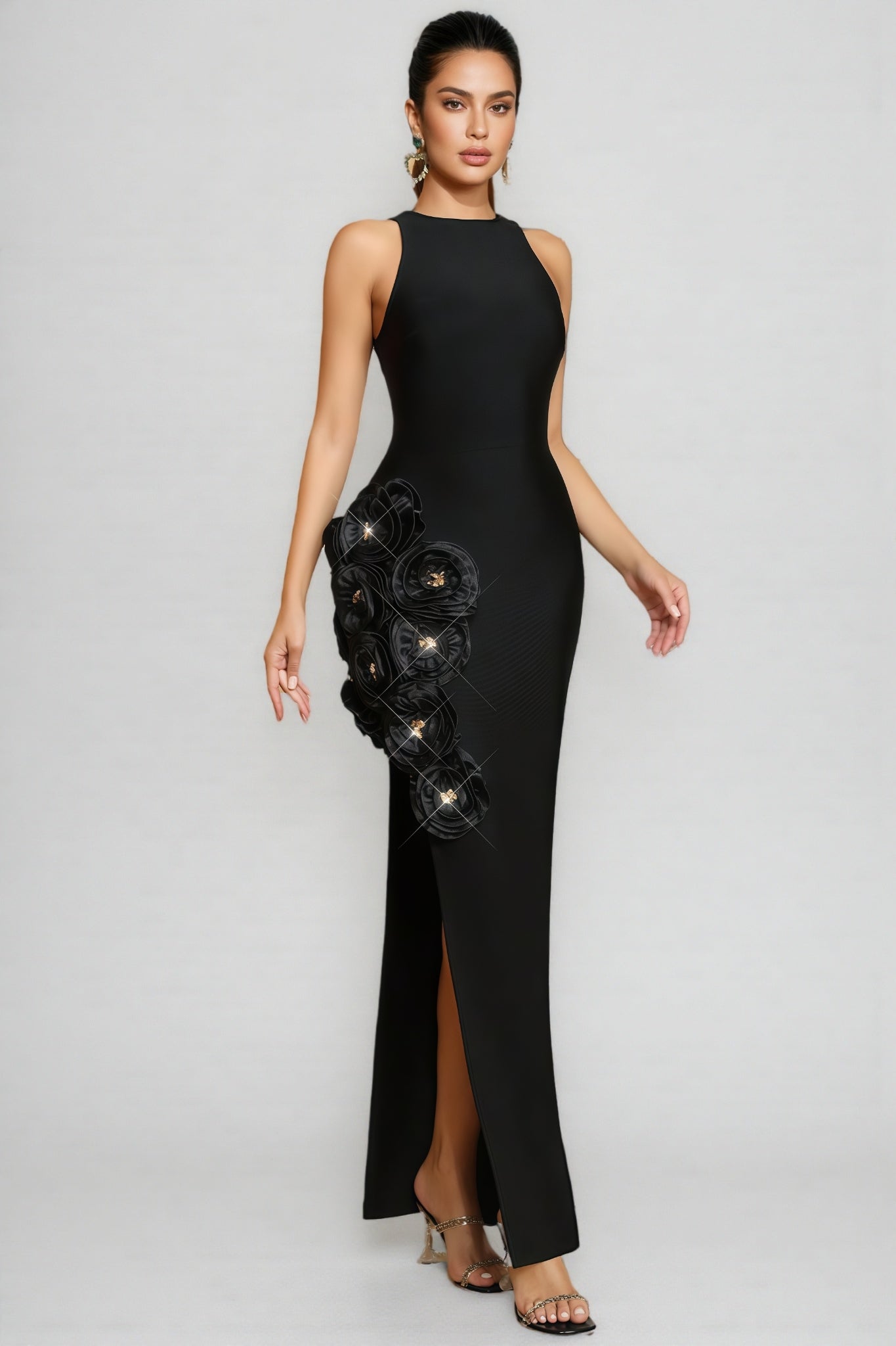 Noa Black 3D Floral Bandage Maxi Dress