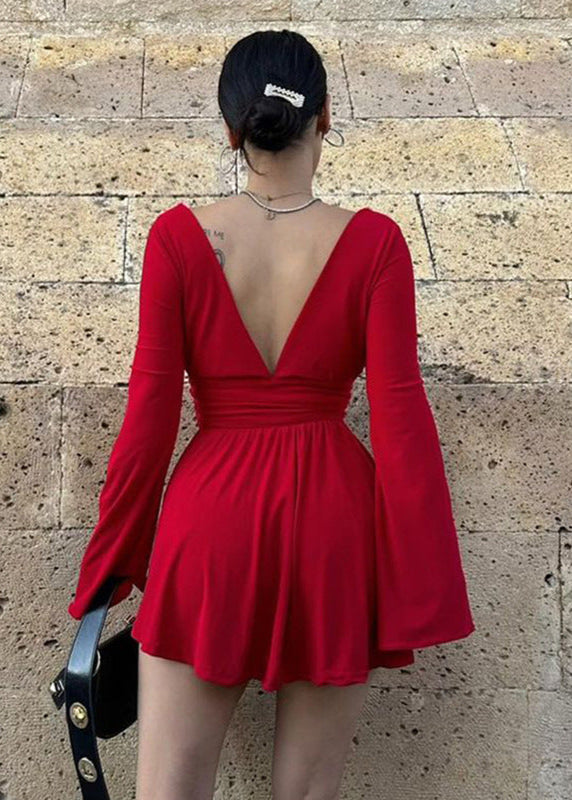 Deep V Neck Bell Sleeve Ruched Waist Wrap Fit and Flare Mini Dress