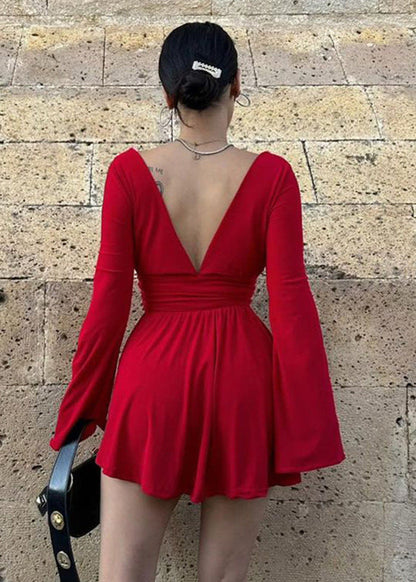 Deep V Neck Bell Sleeve Ruched Waist Wrap Fit and Flare Mini Dress