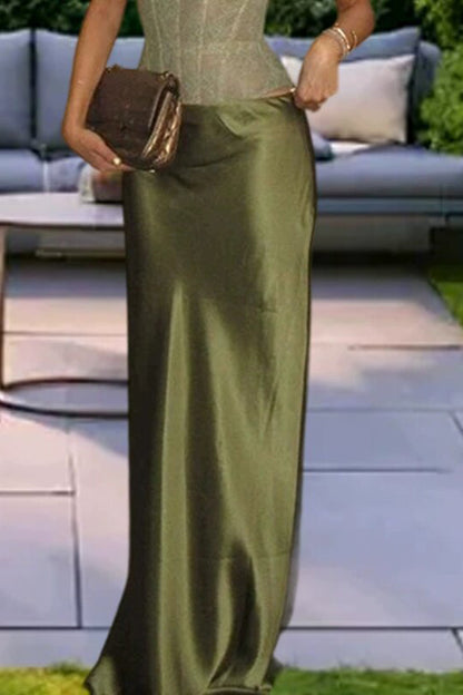 In A Fairytale Lace Satin Mid Rise Drape Maxi Skirt