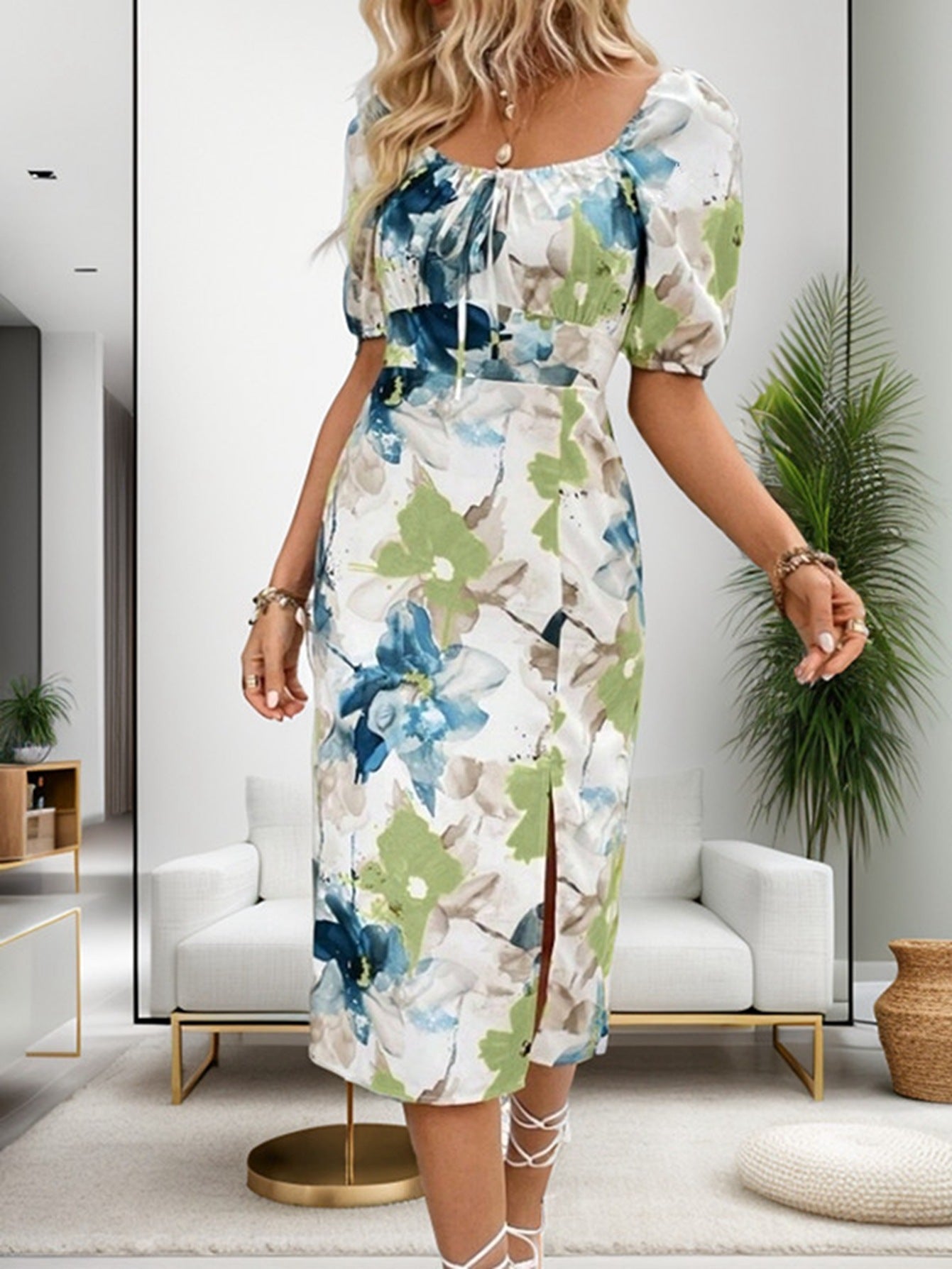 Floral Print Square Neck Puff Sleeve Tie Front Side Slit Bodycon Midi Dress