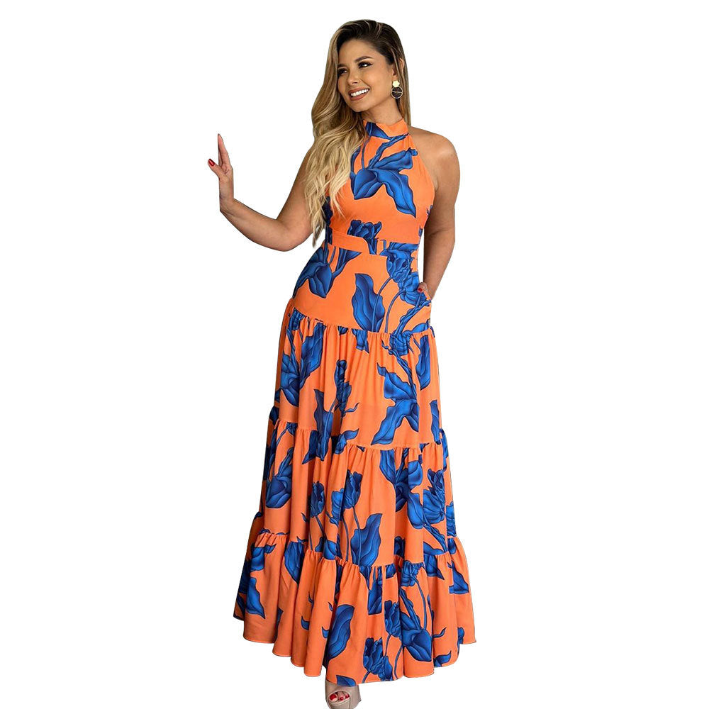 Printed Elegant Halter Large Swing Dress Dress