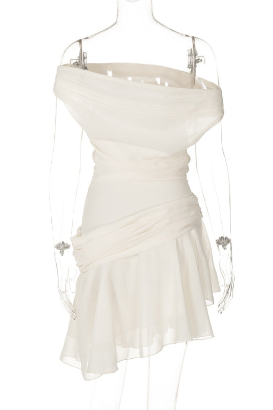 One Shoulder Ruched Draped Chiffon Tiered Asymmetrical Hem Mini Dress