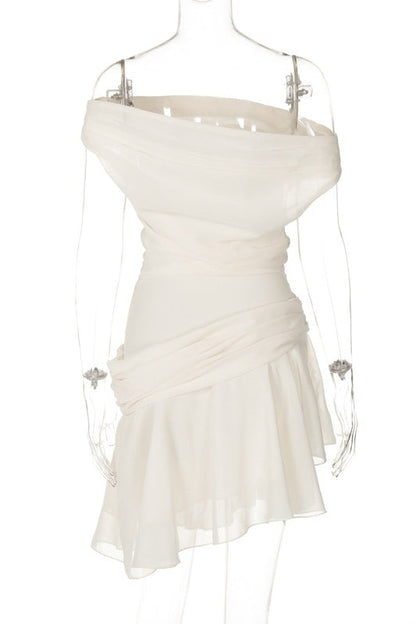 One Shoulder Ruched Draped Chiffon Tiered Asymmetrical Hem Mini Dress