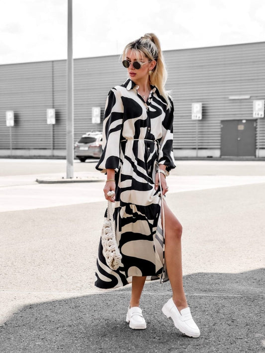 Printed Casual Lace up Shirt Dress Long Dress