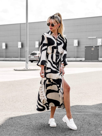 Printed Casual Lace up Shirt Dress Long Dress