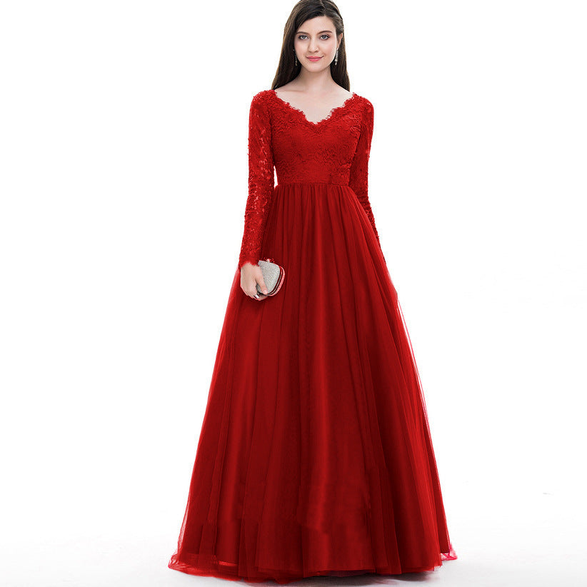 Mesh Lace Long Sleeve Wedding Bridal Gown Dress Evening Maxi Dress