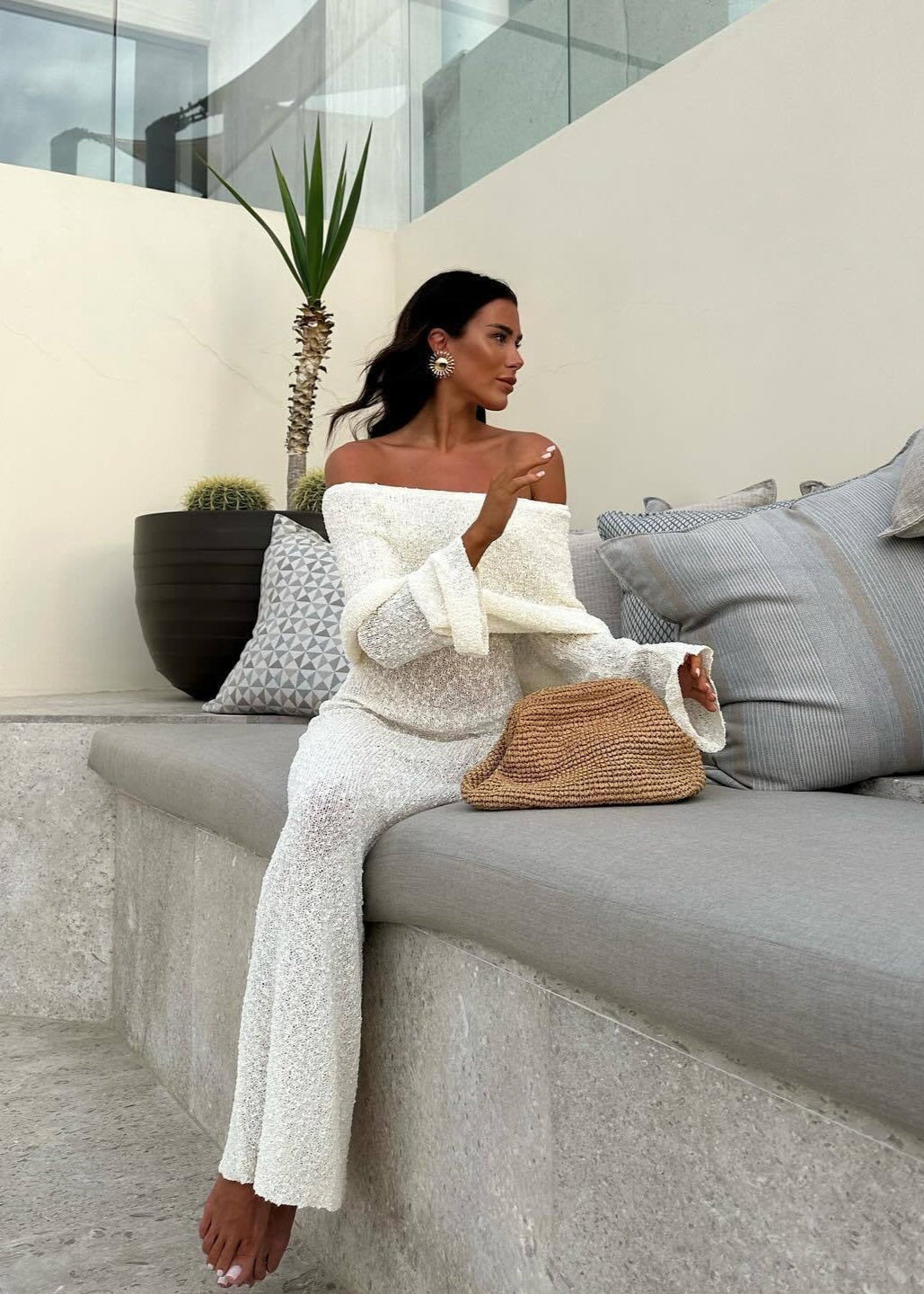 Off Shoulder Foldover Cuff Metallic Knit Bodycon Maxi Dress