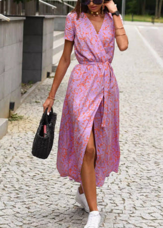 Abstract Floral Print Wrap V-Neck Short Sleeve Front Slit Maxi Dress