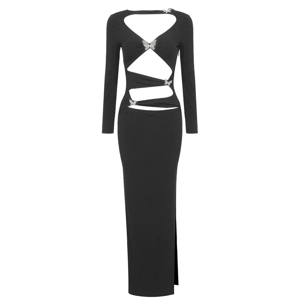 Metal Butterfly Decoration Hollow Out Cutout Dress Dress Dress