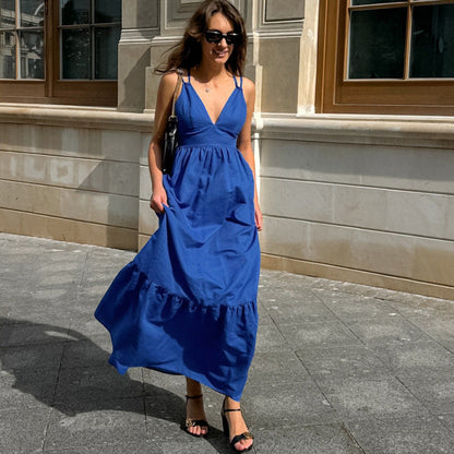Spaghetti Strap Deep V-Neck Tiered Ruffle Hem Maxi Dress