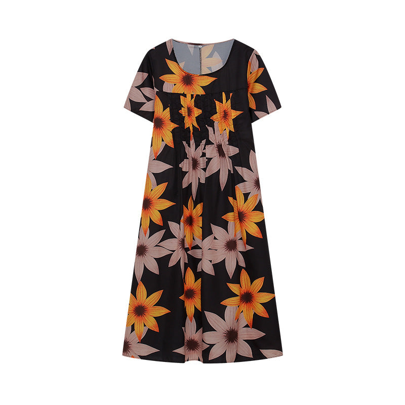 Wildflower Print Pleated Scoop Neck Pocket Midi Dress
