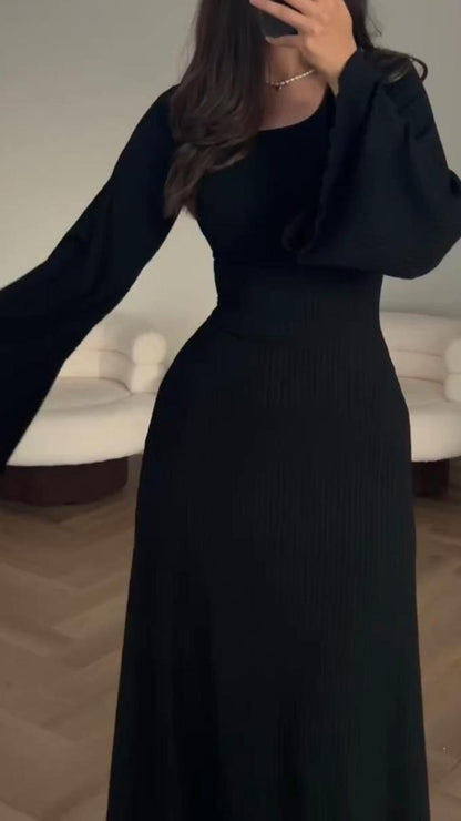 Rib Knit Scoop Neck Long Sleeve Bell Cuff Bodycon Maxi Dress