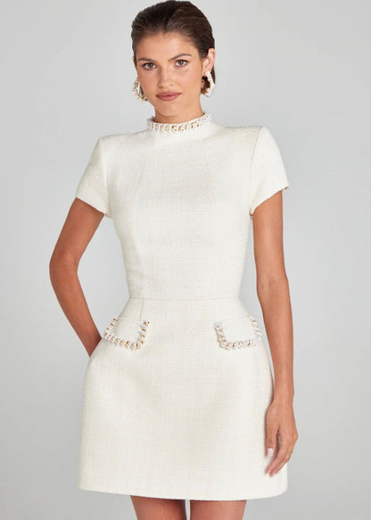 Mock Neck Pearl Crystal Embellished Pocket Tweed Mini Dress
