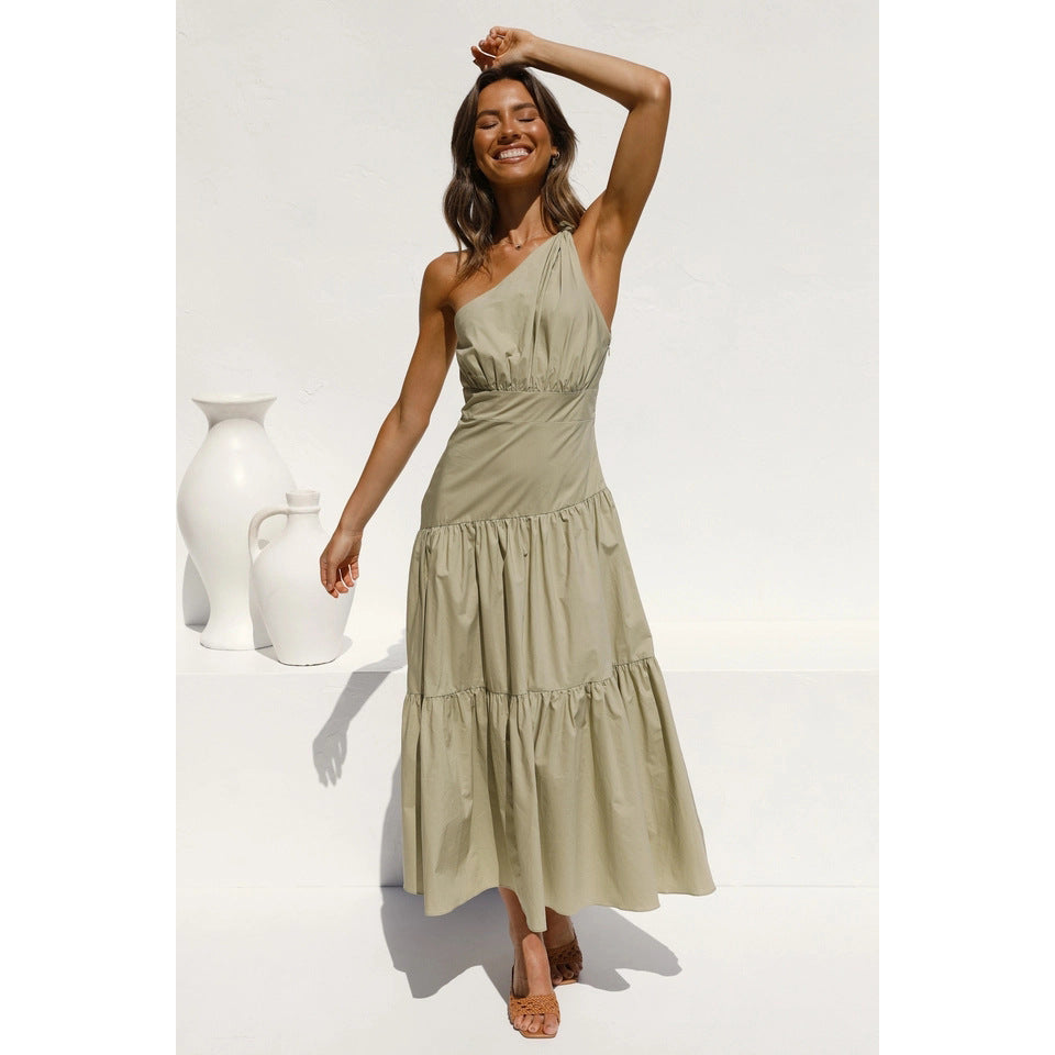 One-Shoulder Knotted Solid Color Fresh Long Sweet Dress