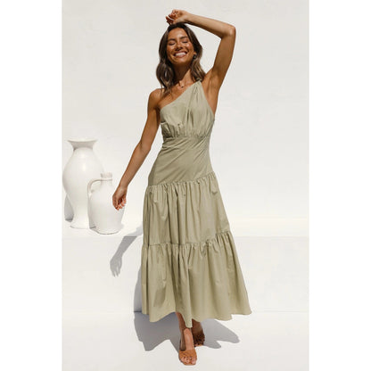 One-Shoulder Knotted Solid Color Fresh Long Sweet Dress