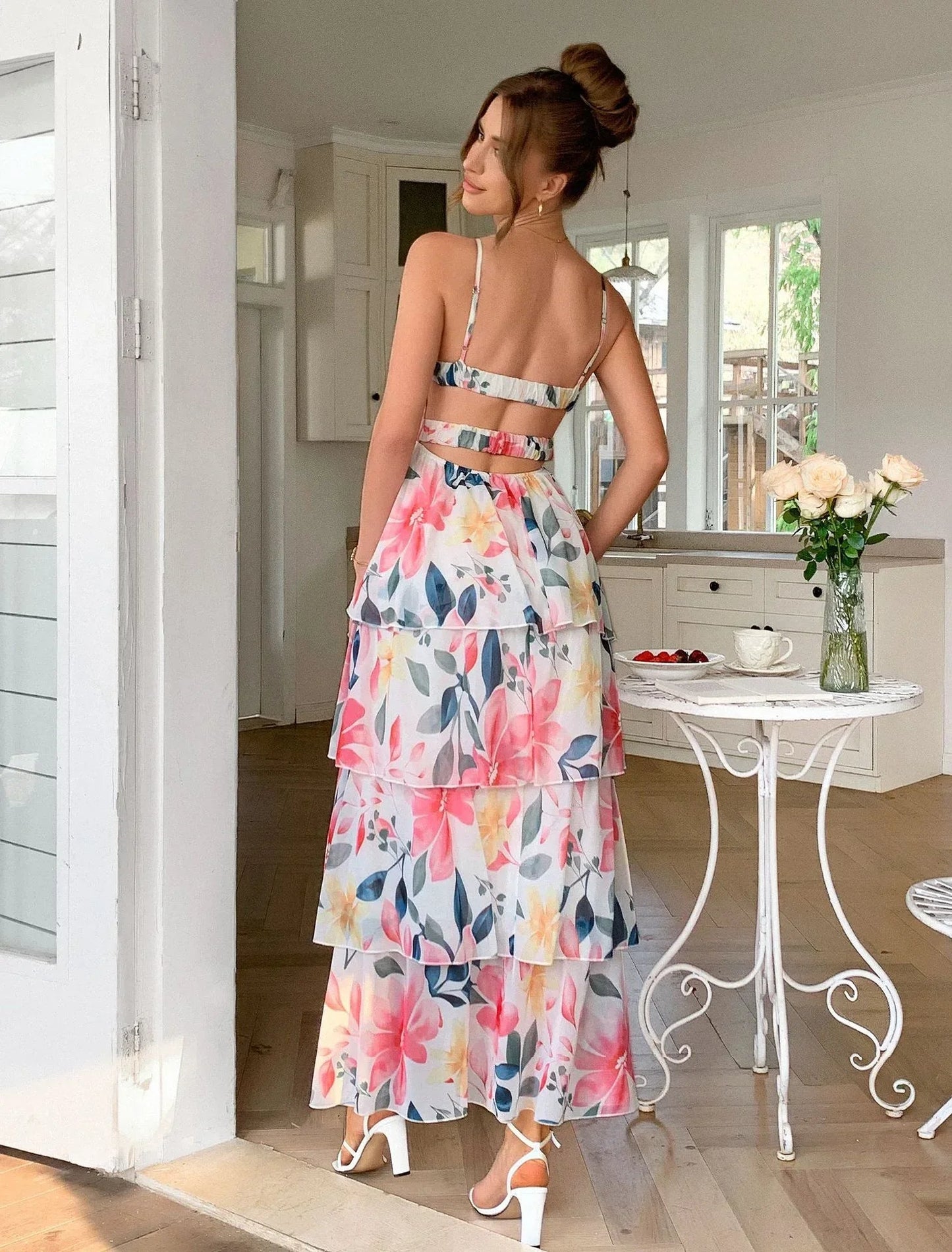 Tiered Chiffon Maxi Dress Floral Bridal Shower Summer Gown