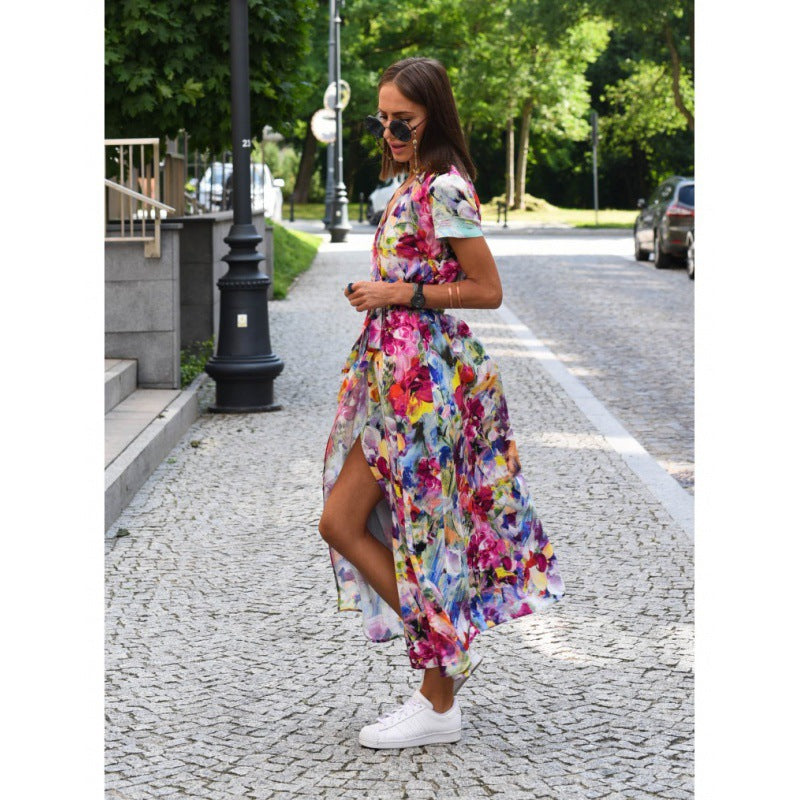 Abstract Floral Print Wrap V-Neck Short Sleeve Front Slit Maxi Dress