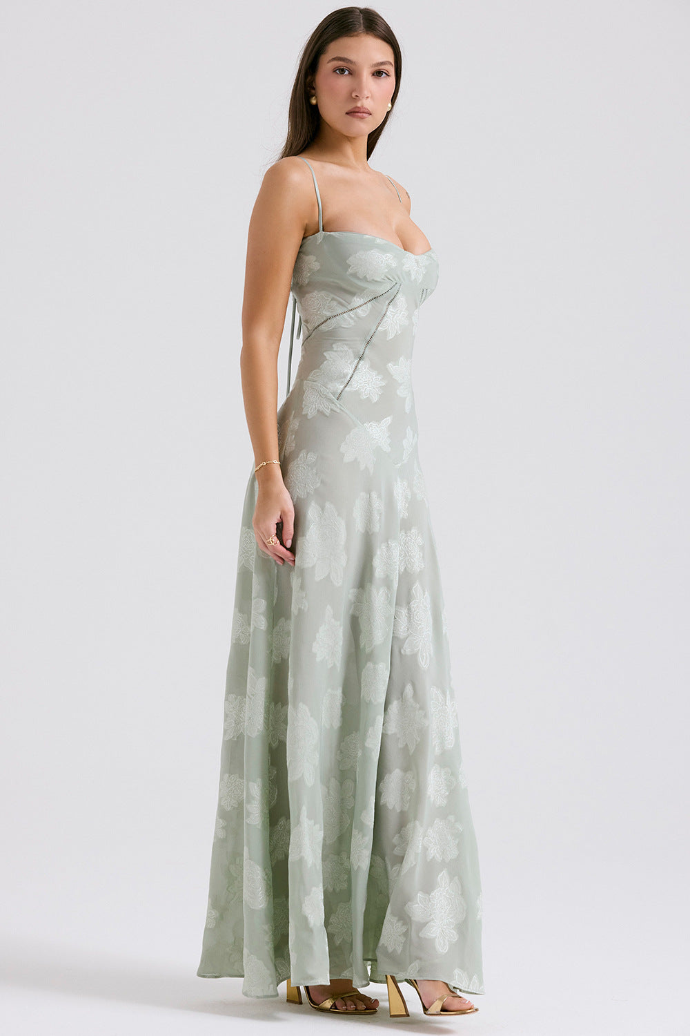 Floral Jacquard Corset Bodice Spaghetti Strap Lace-Up Back Floor-Length Gown