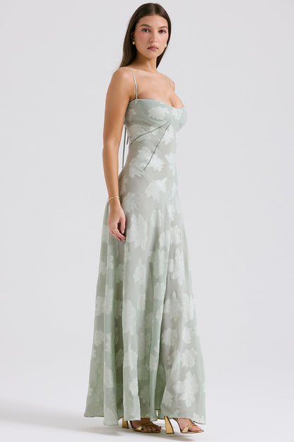 Floral Jacquard Corset Bodice Spaghetti Strap Lace-Up Back Floor-Length Gown