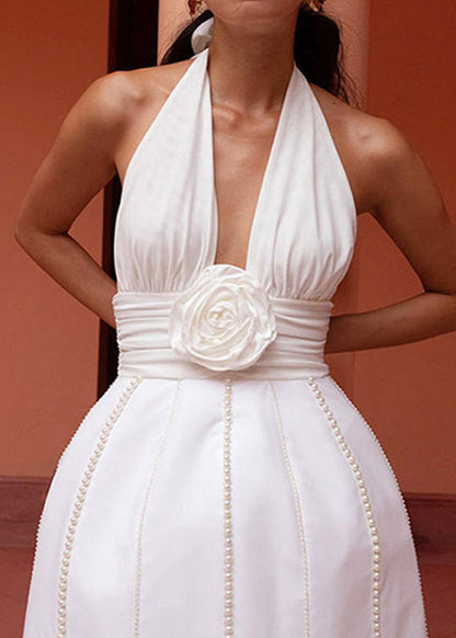 Halter Deep V Neck Ruched Waist Pearl Trim Panel Bell Mini Dress