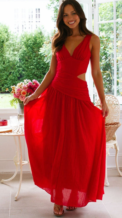 Deep V Neck Sleeveless Side Cutout Asymmetric Ruched Waist Maxi Dress