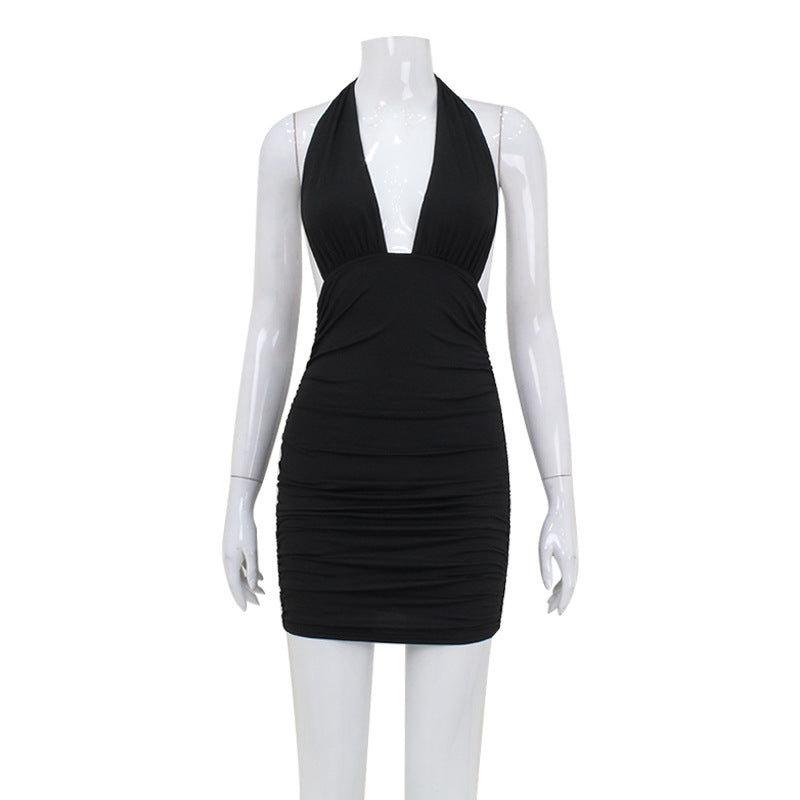 Plunging Halter Neck Horizontal Ruched Bodycon Mini Dress