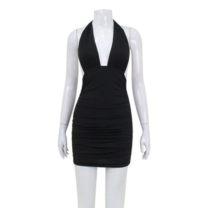 Plunging Halter Neck Horizontal Ruched Bodycon Mini Dress