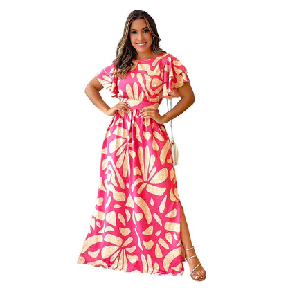 Casual Printed Dress Side Slit Stringy Selvedge Short Sleeve Maxi Dress