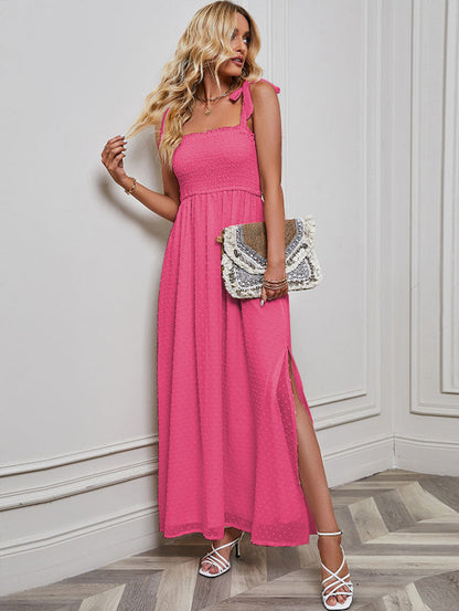 Jacquard Chiffon Lace up Dress Vacation Beach Split Dress