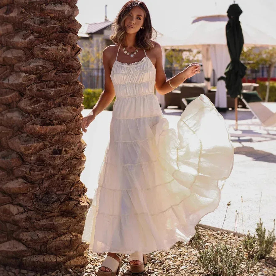 Ivory Tiered Backless Maxi Dress Summer Sundress