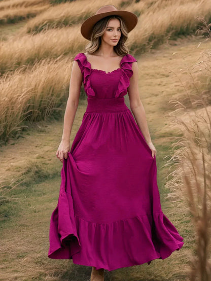 Hot Pink Ruffle Maxi Dress with Shoulder Detail