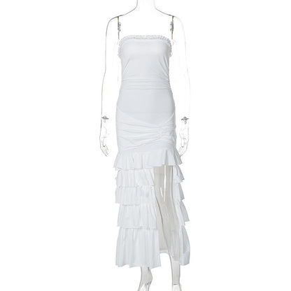 Solid Color Wrapped Chest Pleated Slim Fit Patchwork Split Dress High Sense