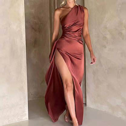 One Shoulder Ruched Satin High Slit Floor Length Maxi Gown