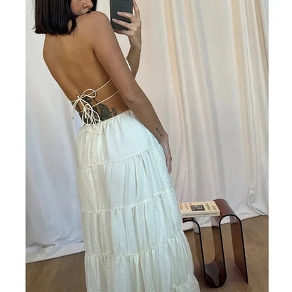 Ivory Tiered Backless Maxi Dress Summer Sundress