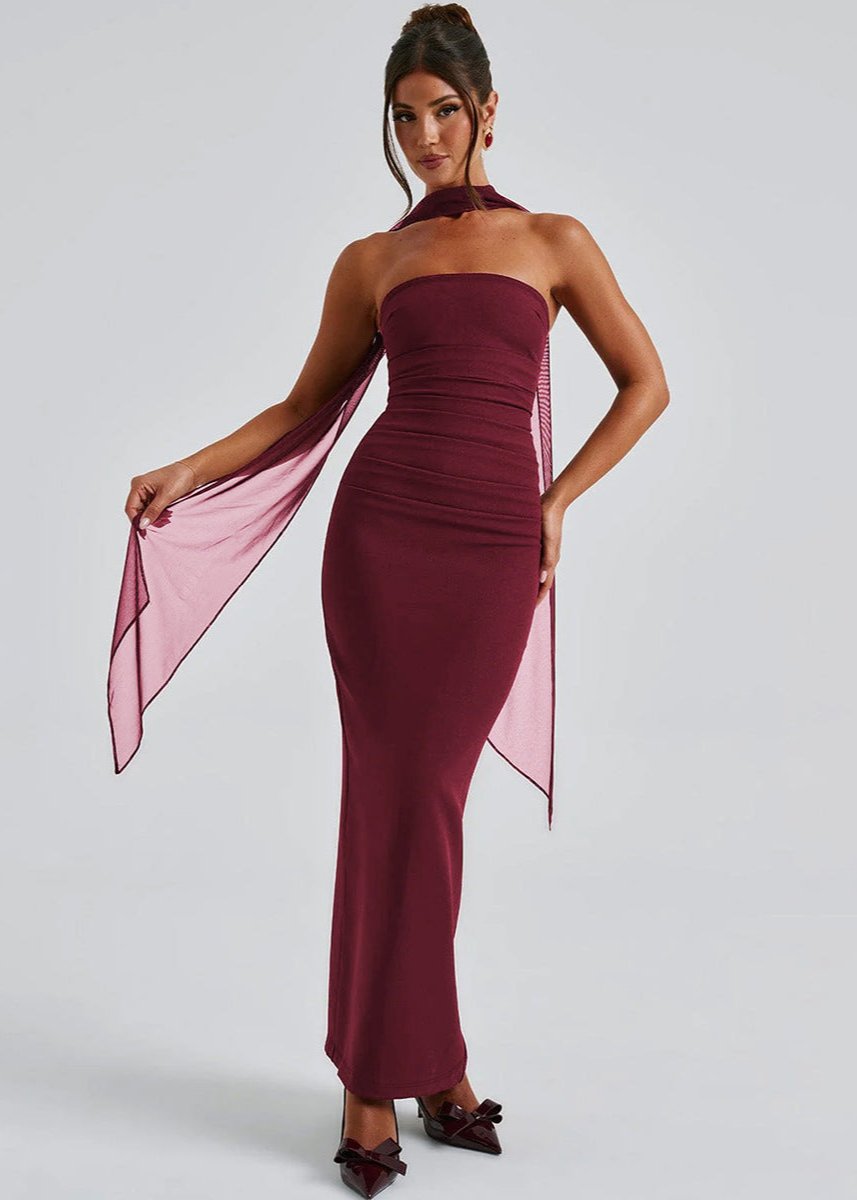 Strapless Horizontal Ruched Band Neck Scarf Detail Bodycon Maxi Dress