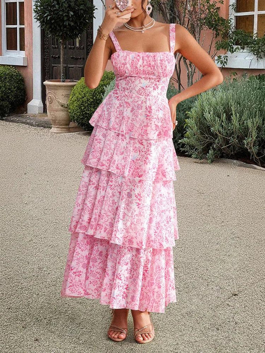 Tiered Chiffon Maxi Dress Pink Floral Ruffle