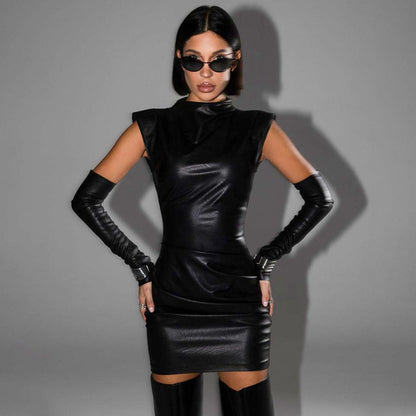 Street Hipster Faux Leather StCollar Sleeveless Oversleeve Sheath Pleated Dress
