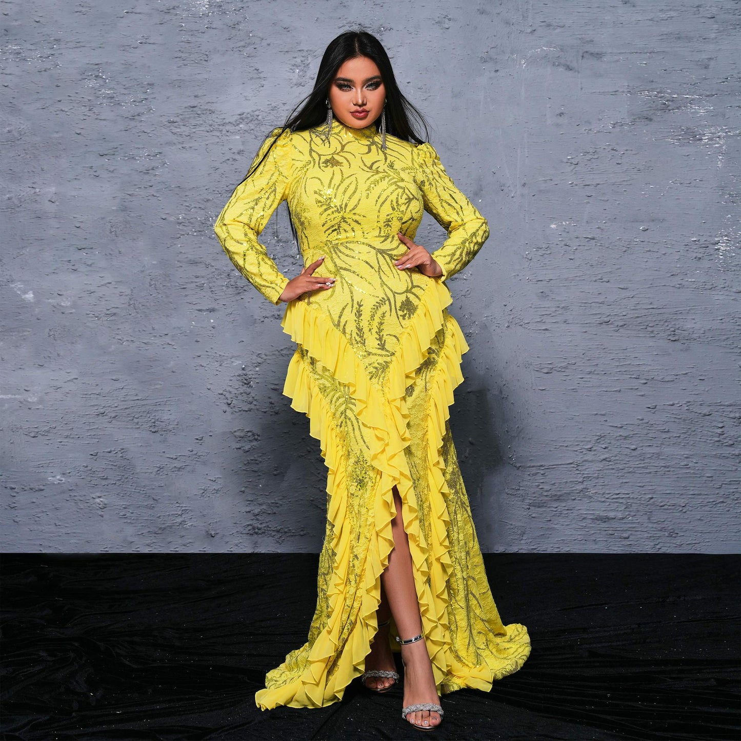 Long Long Sleeve round Neck Cocktail Sequined Fishtail Evening Dress Dress