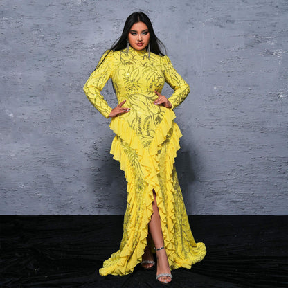 Long Long Sleeve round Neck Cocktail Sequined Fishtail Evening Dress Dress