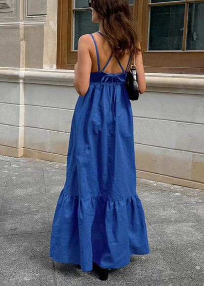 Deep V Neck Double Spaghetti Strap Empire Waist Tiered Maxi Dress
