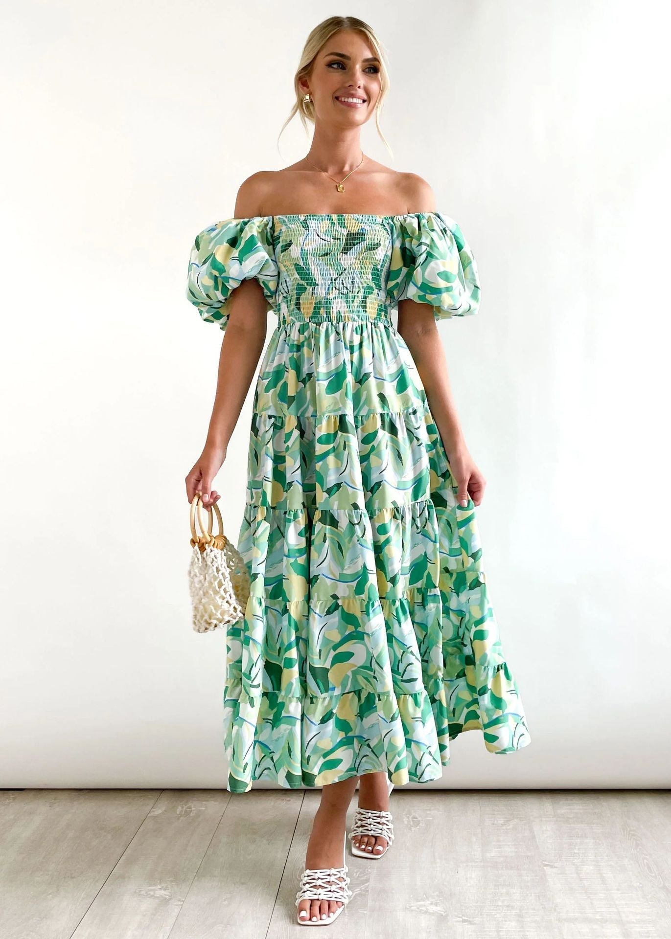 Holiday Slim Fit Backless Large Swing Dress off-Neck Printed Dress Summer